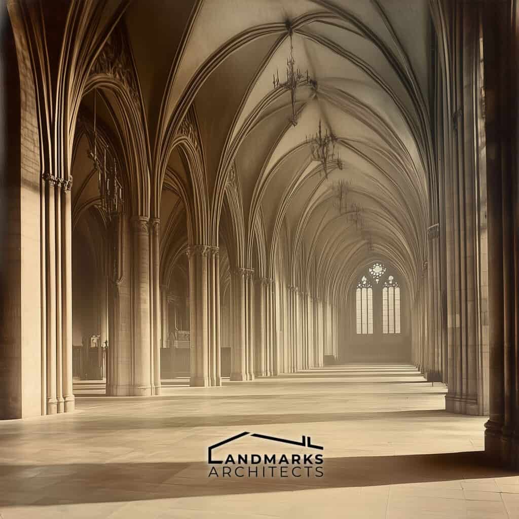 Ribbed vaults create open spaces and intricate ceilings. Generated by AI.