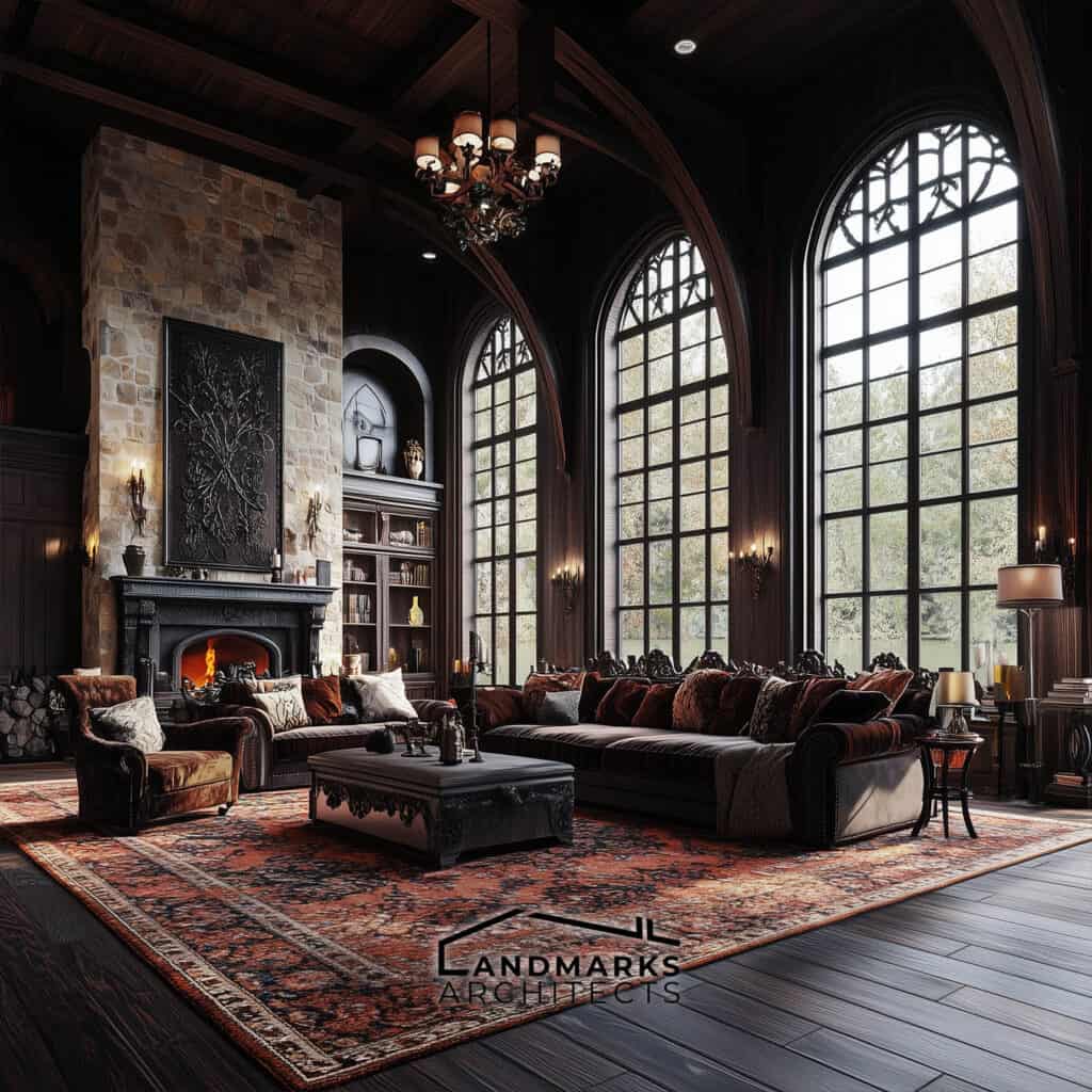 Gothic Flooring with Dark Wood, Stone, and Rich Rugs. Photo generated by AI