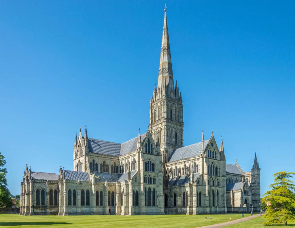 Exterior view of Salisbury Cathedral, England.