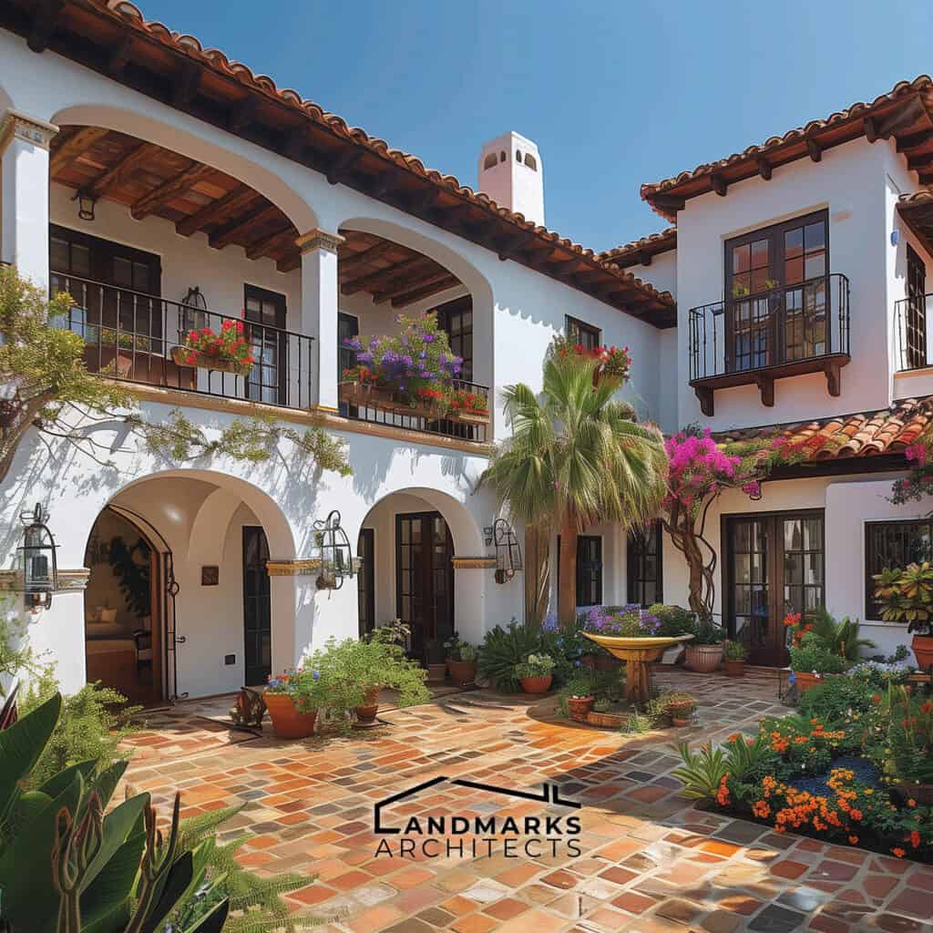 Santa Barbara architecture with Spanish Colonial and Mediterranean styles Photo generated by AI.