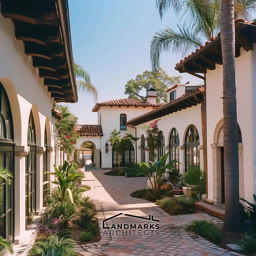 Arched doorways in Santa Barbara-style homes Photo generated by AI.