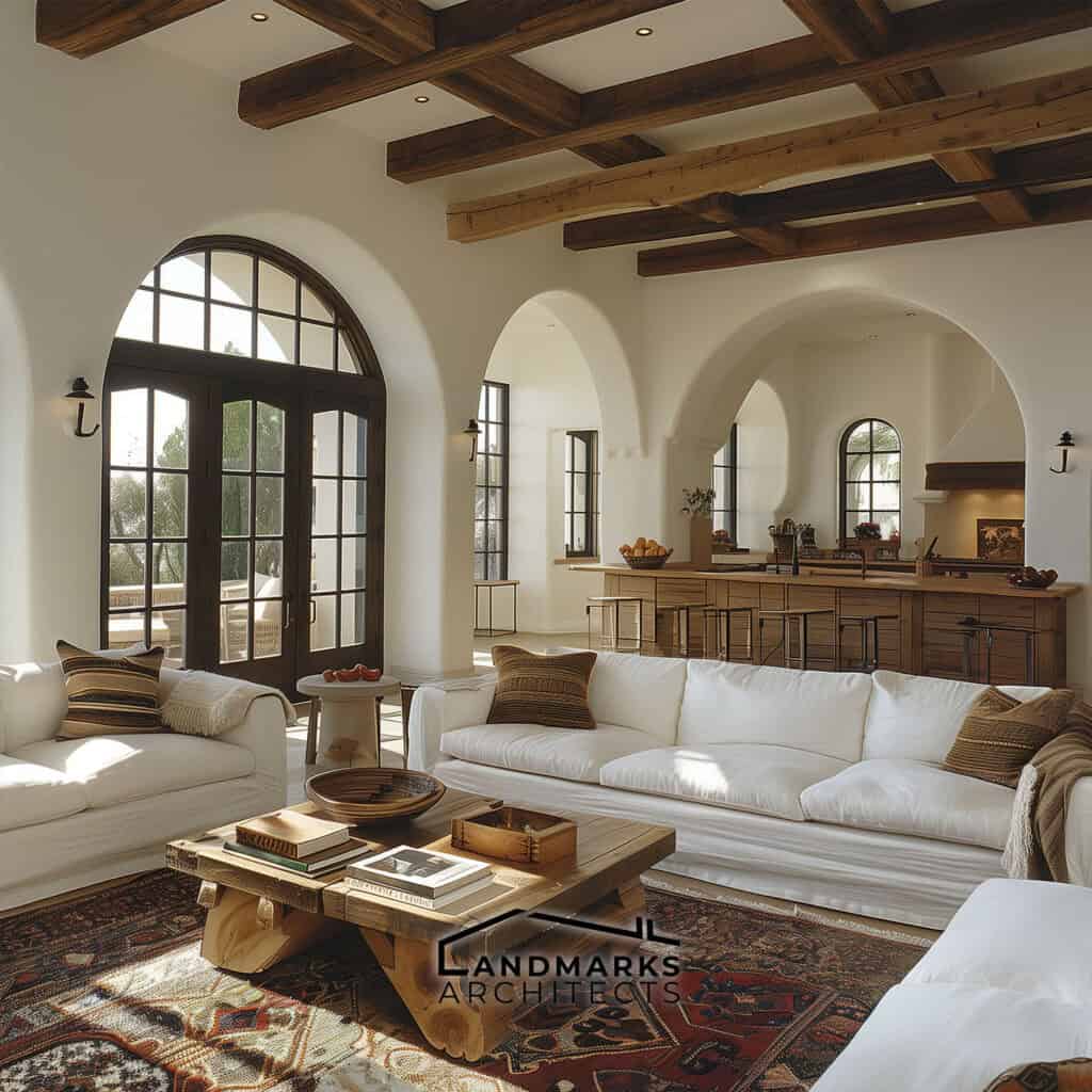 Santa Barbara-style interior with white stucco walls and arched windows Photo generated by AI.