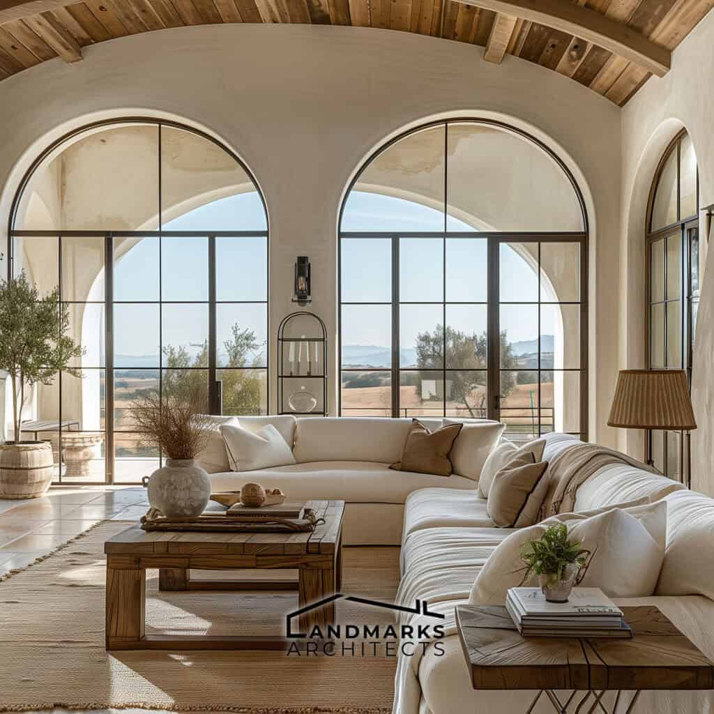 Santa Barbara interior featuring arched windows and wooden beams Photo generated by AI.