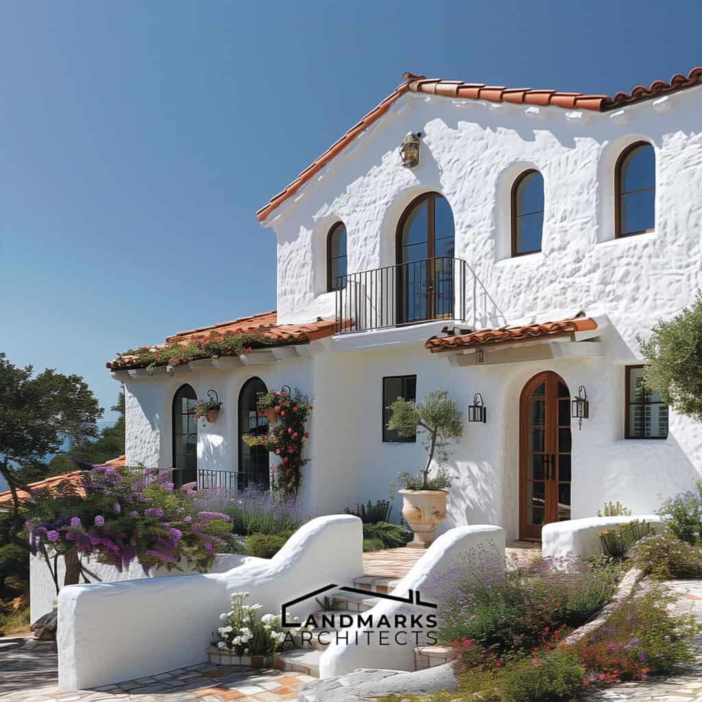 White stucco walls in Santa Barbara-style homes Photo generated by AI.