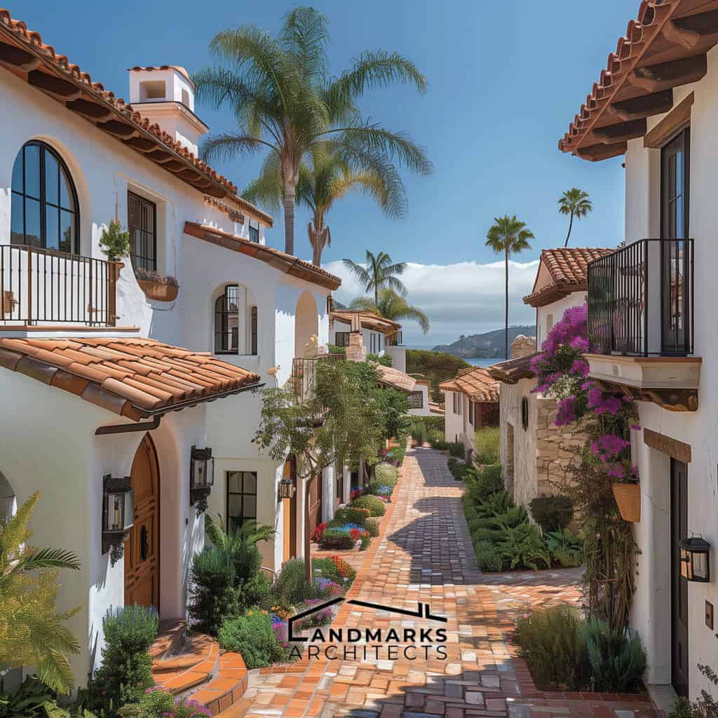 Charming Santa Barbara architecture with stucco walls and tile roofs Photo generated by AI.