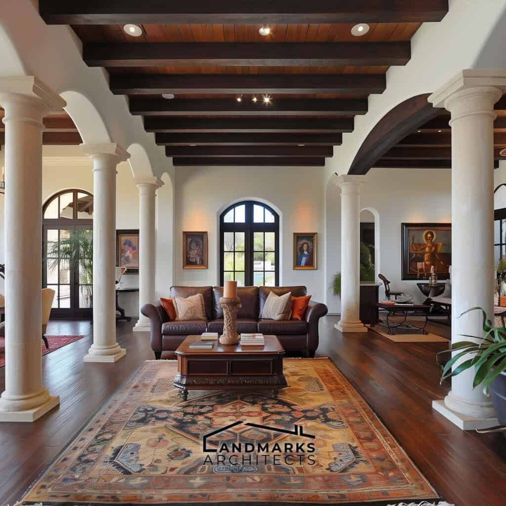 Santa Barbara interior featuring exposed wooden beams and stucco walls Photo generated by AI.