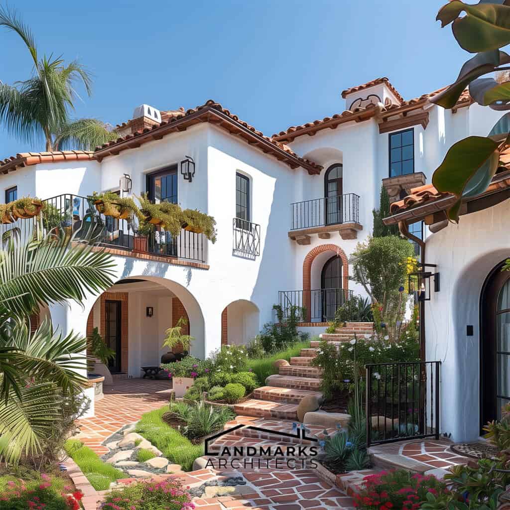 Santa Barbara’s Spanish Colonial style with tile roofs Photo generated by AI.