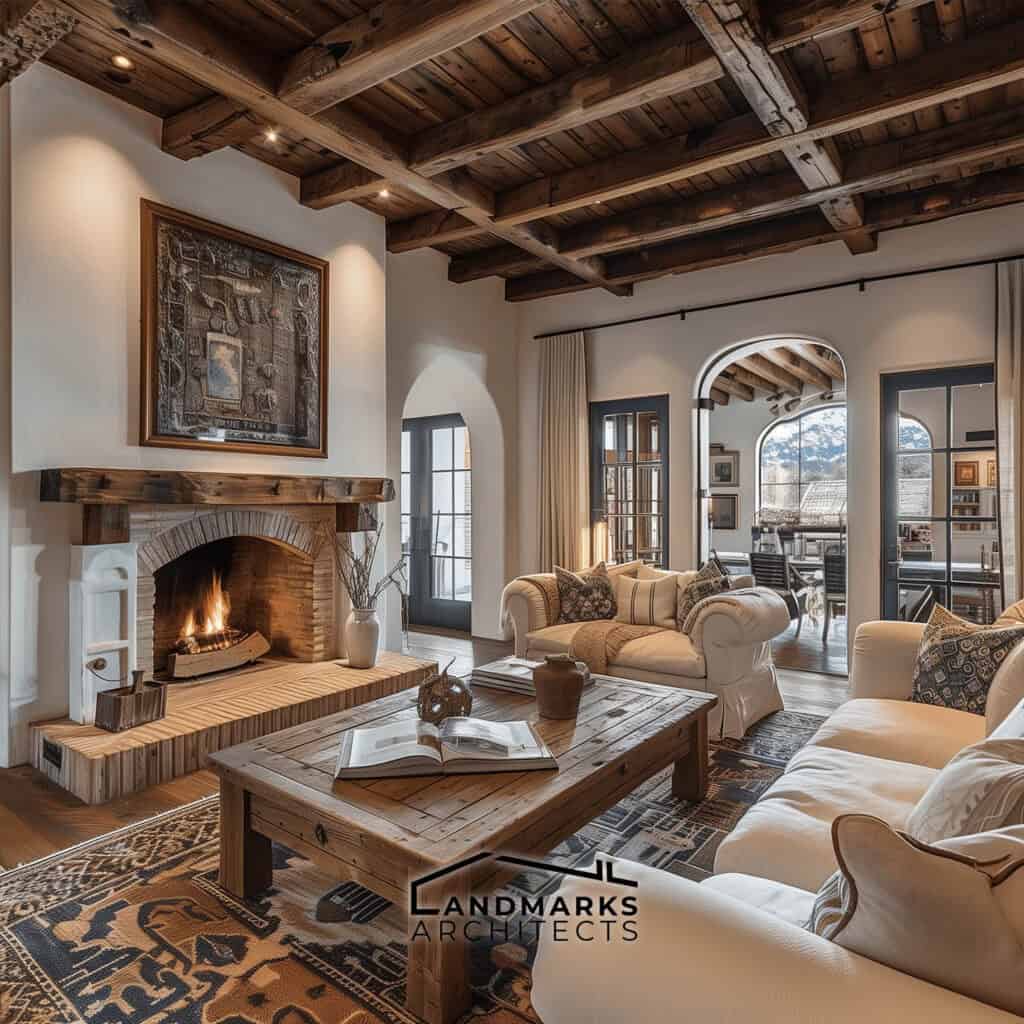 Santa Barbara-style interior with exposed wooden beams and stucco walls Photo generated by AI.