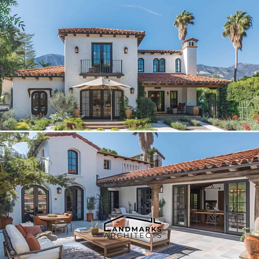 Charming Santa Barbara courtyard with terracotta tiles and lush plants Photo generated by AI.