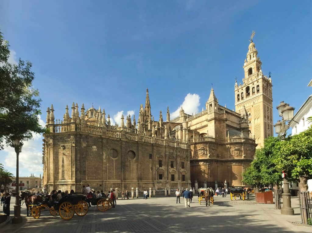 Seville Cathedral's ornate Gothic facade.