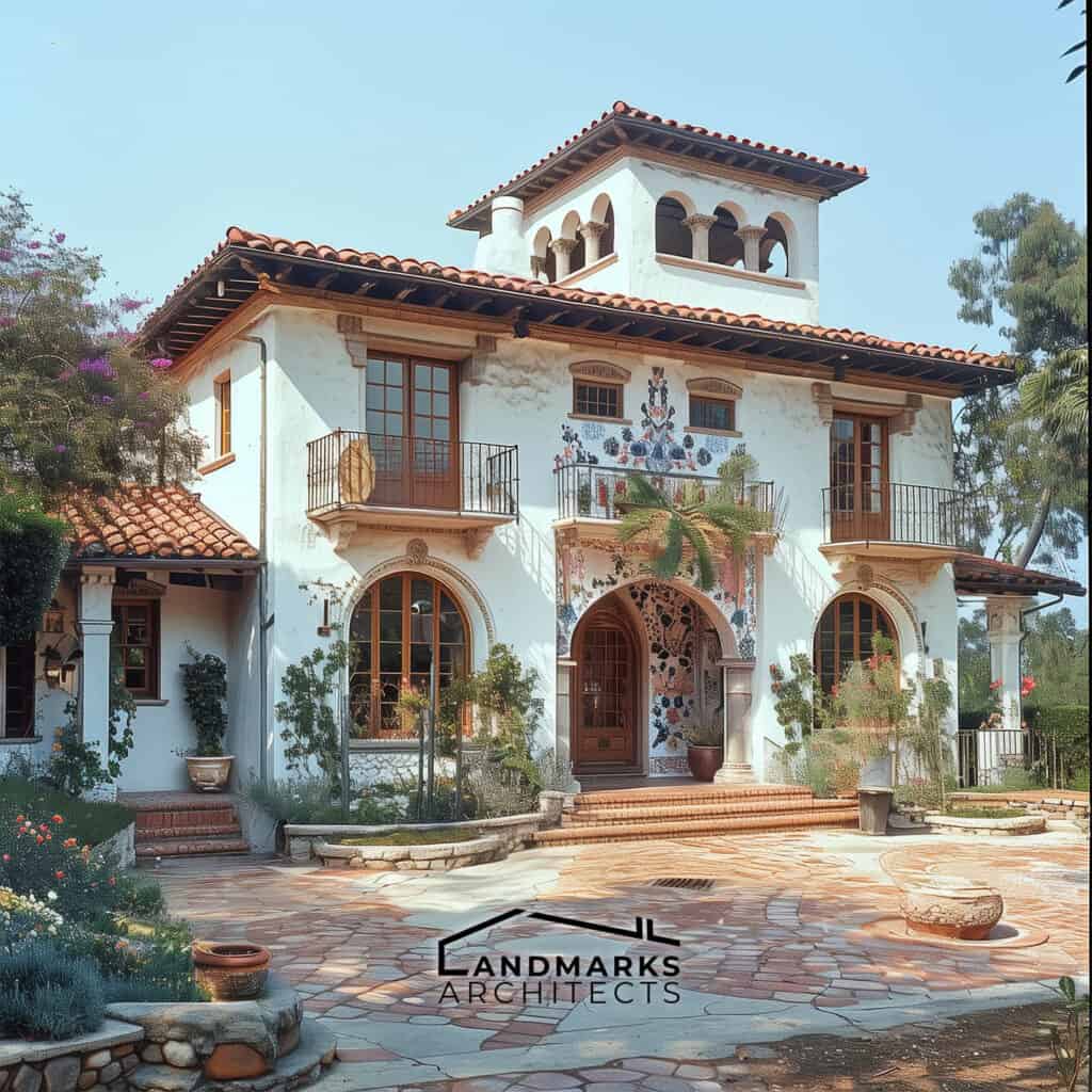 Spanish Colonial home with white stucco and red tile roof. Photo generated by AI.