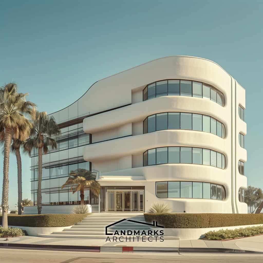 Streamline Moderne building with curved railings and sleek surfaces. Photo generated by AI.