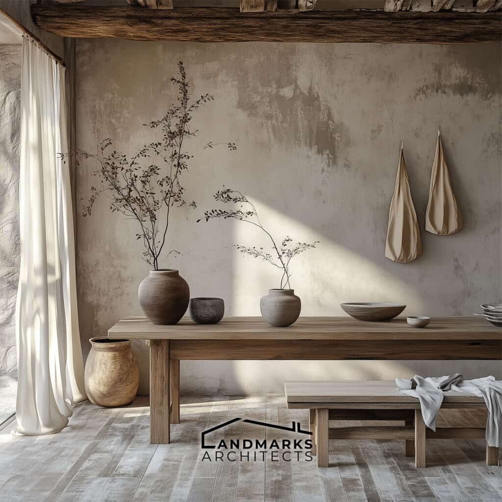 Wabi-Sabi design embraces simplicity, imperfection, and natural materials. Generated by AI.