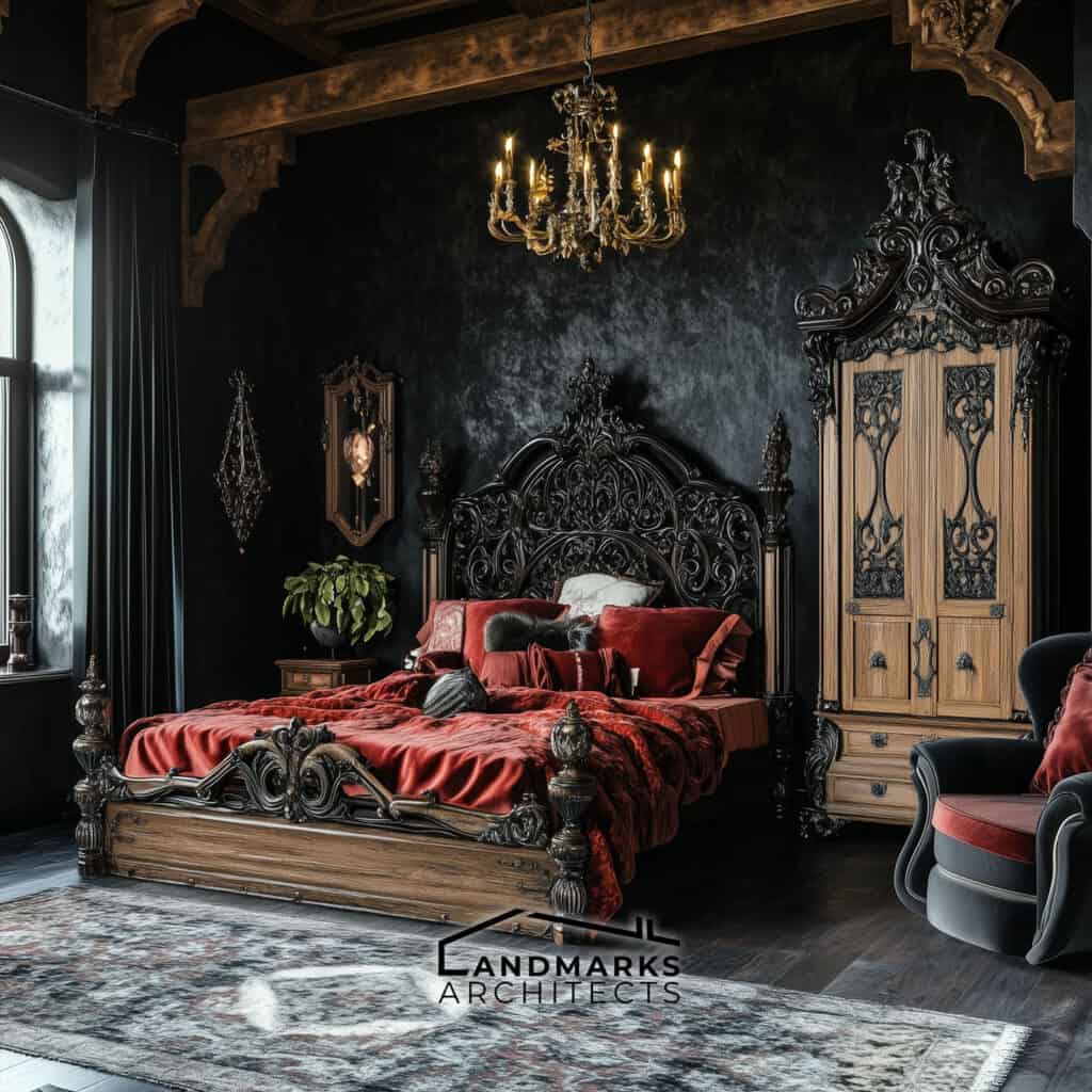 Gothic Furniture: Carved Beds, Velvet Sofas, Vintage Armoires. Photo generated by AI