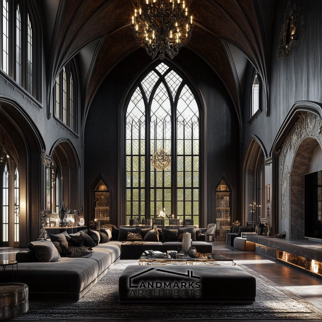 Modern Gothic Living Room with Dramatic Arches and Rich Colors. Photo generated by AI