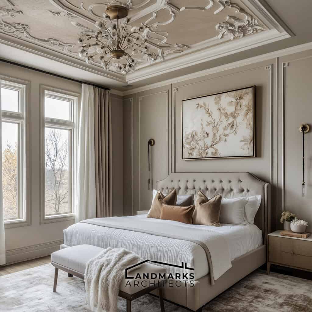 AI-generated luxury bedroom with decorative ceiling