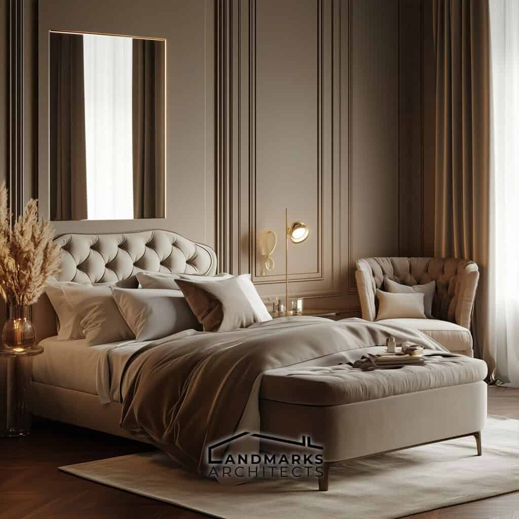 AI-generated luxury bedroom with relaxing seating and soft textures.