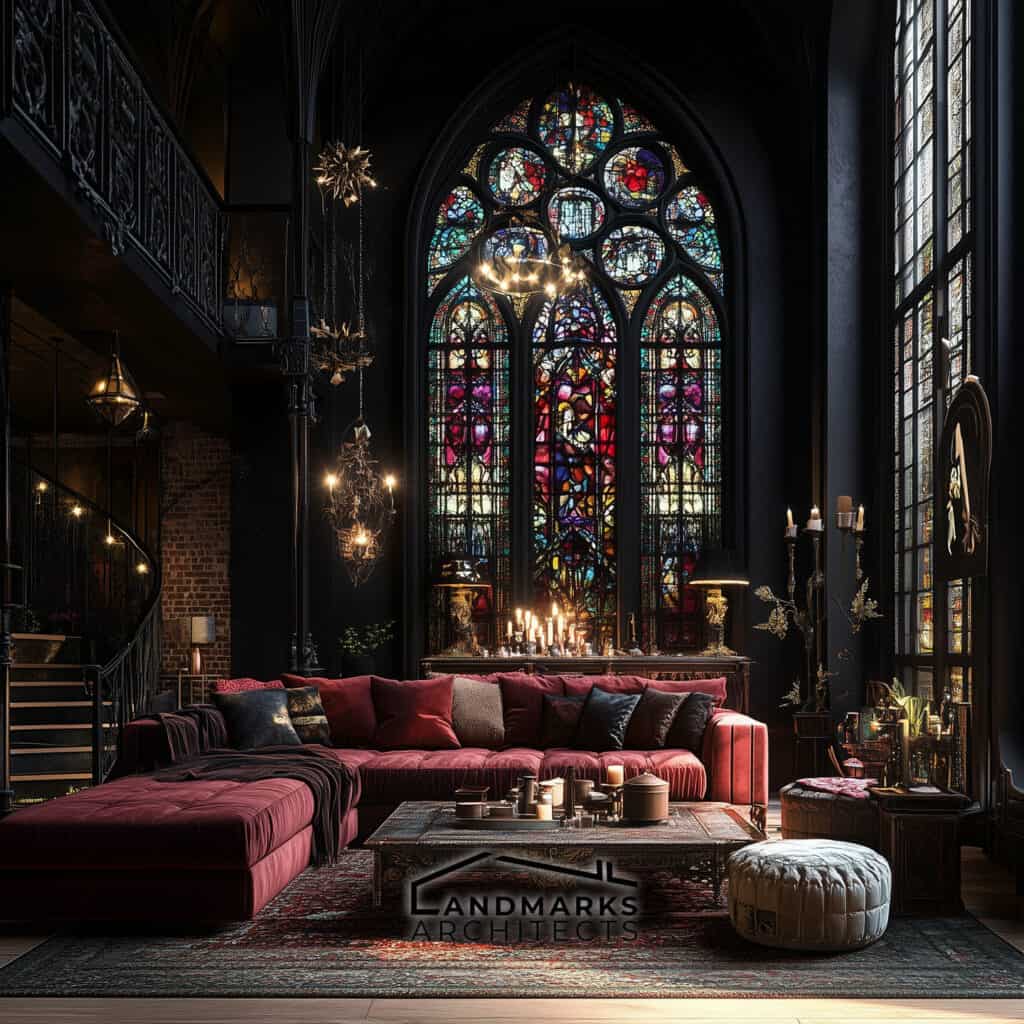 Modern Gothic Stained Glass: Detailed Patterns and Light. Photo generated by AI