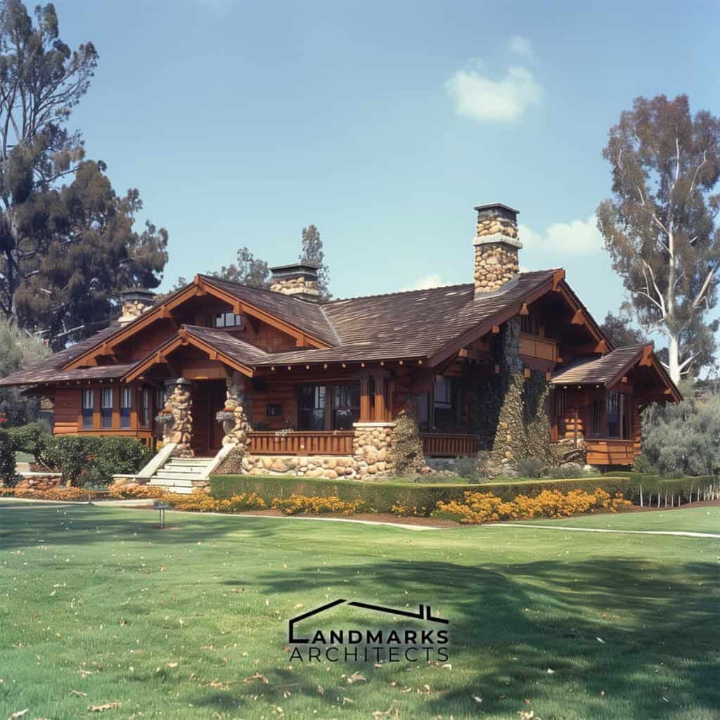 Craftsman bungalow with low-pitched roof and detailed woodwork. Photo generated by AI.