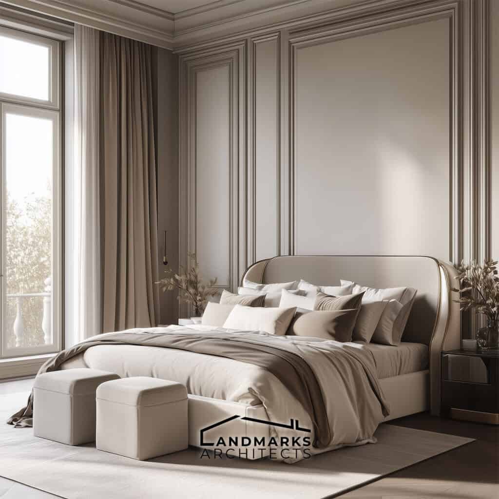 AI-generated luxury bedroom with neutral tones.