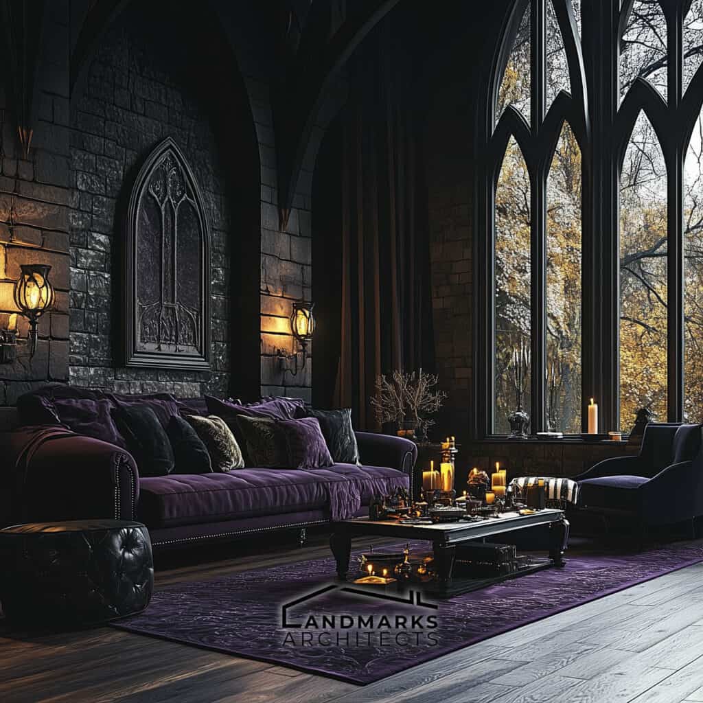 Gothic Flooring with Dark Wood, Stone, and Elegant Rugs. Photo generated by AI