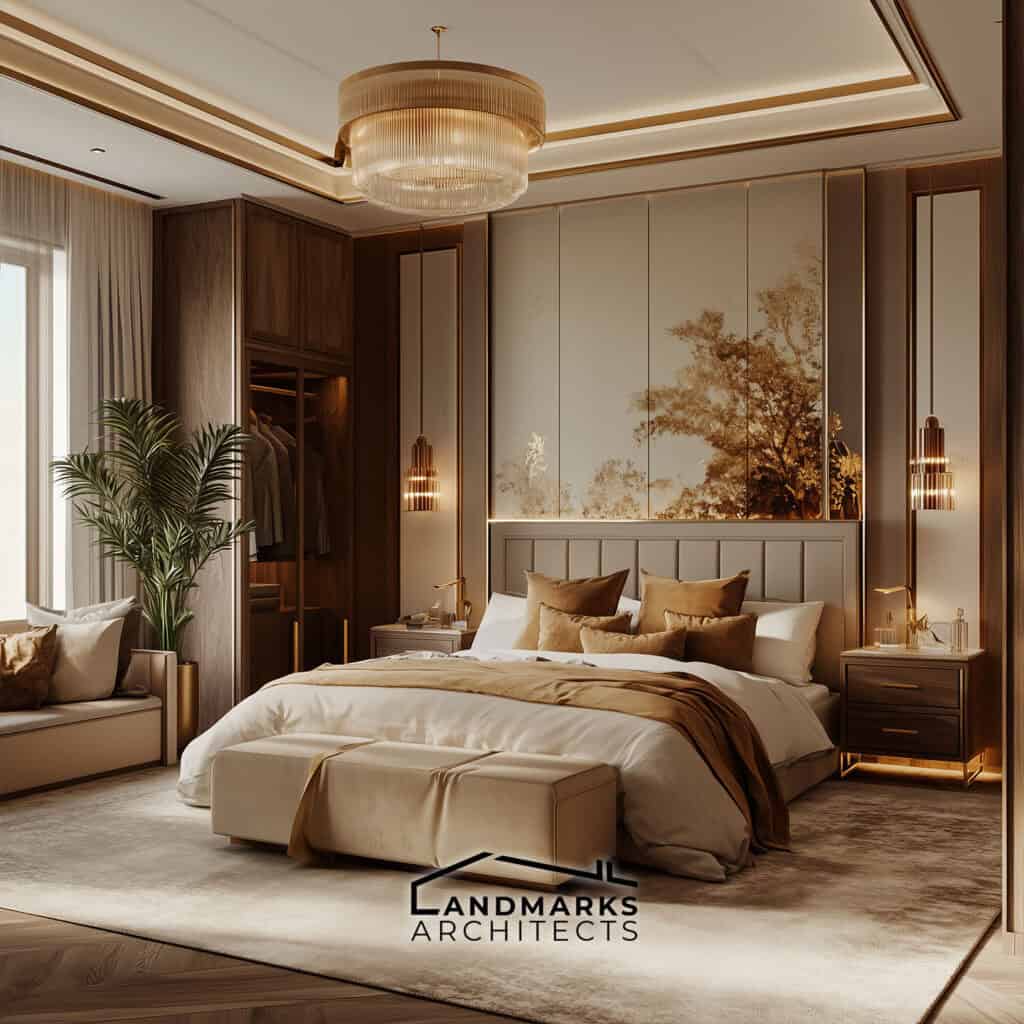 AI-generated luxury bedroom with cozy seating and elegant decor.