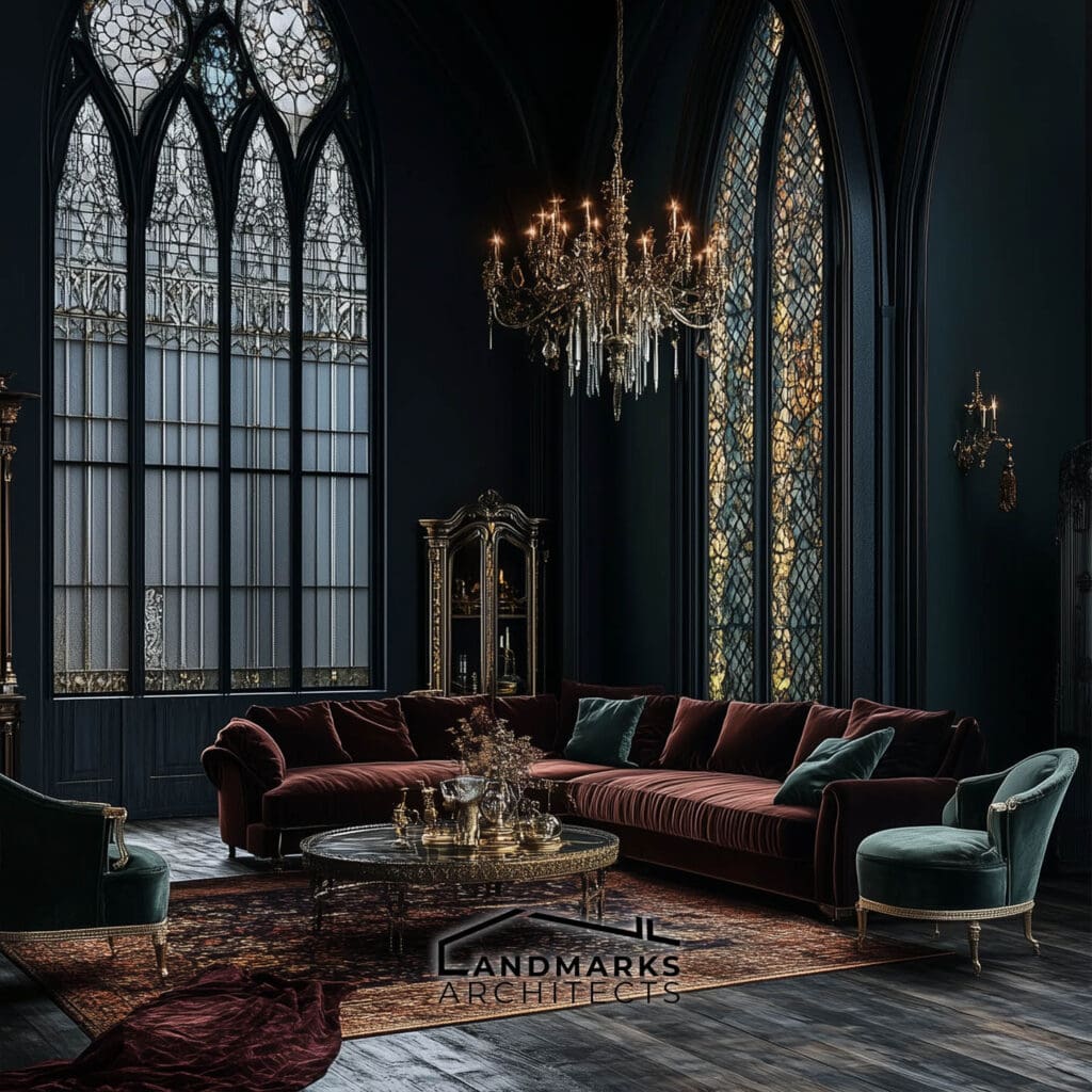 Modern Gothic Living Room: Stained Glass and Rich Rugs. Photo generated by AI