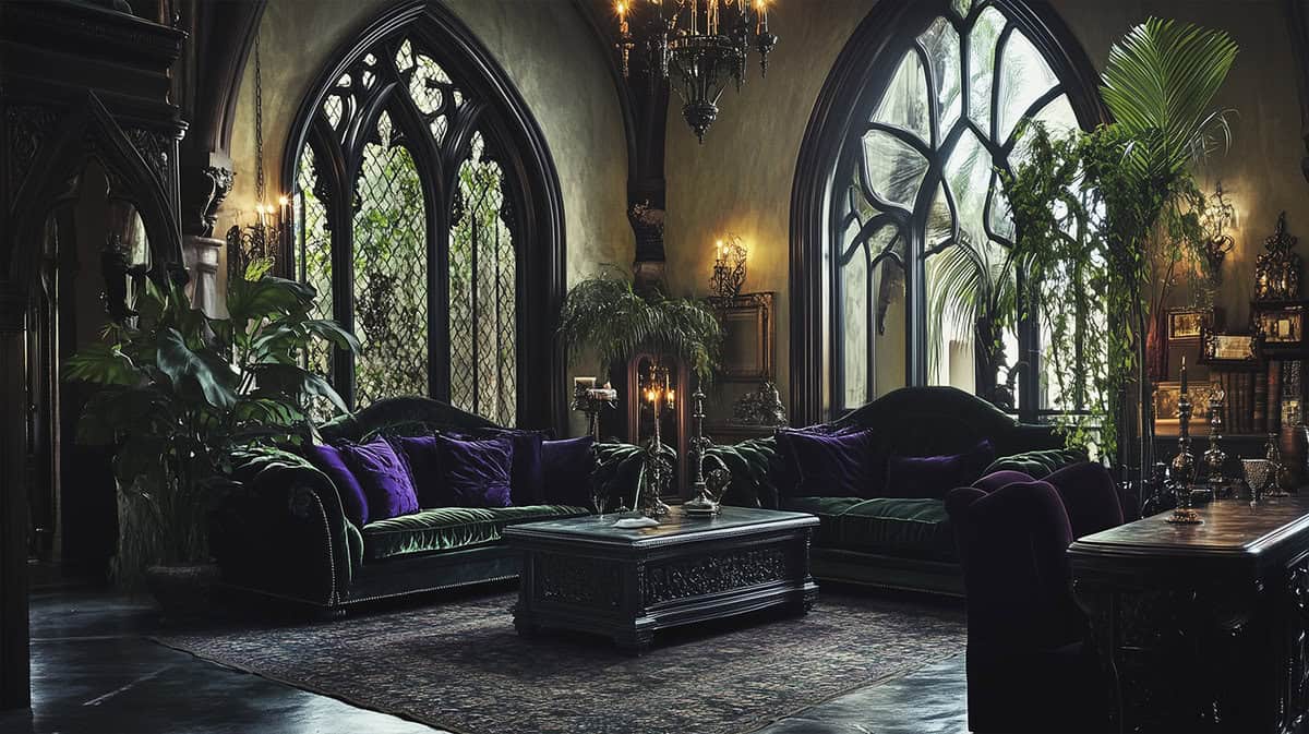 Modern Gothic Living Room with Deep Colors and Luxurious Textures. Photo generated by AI