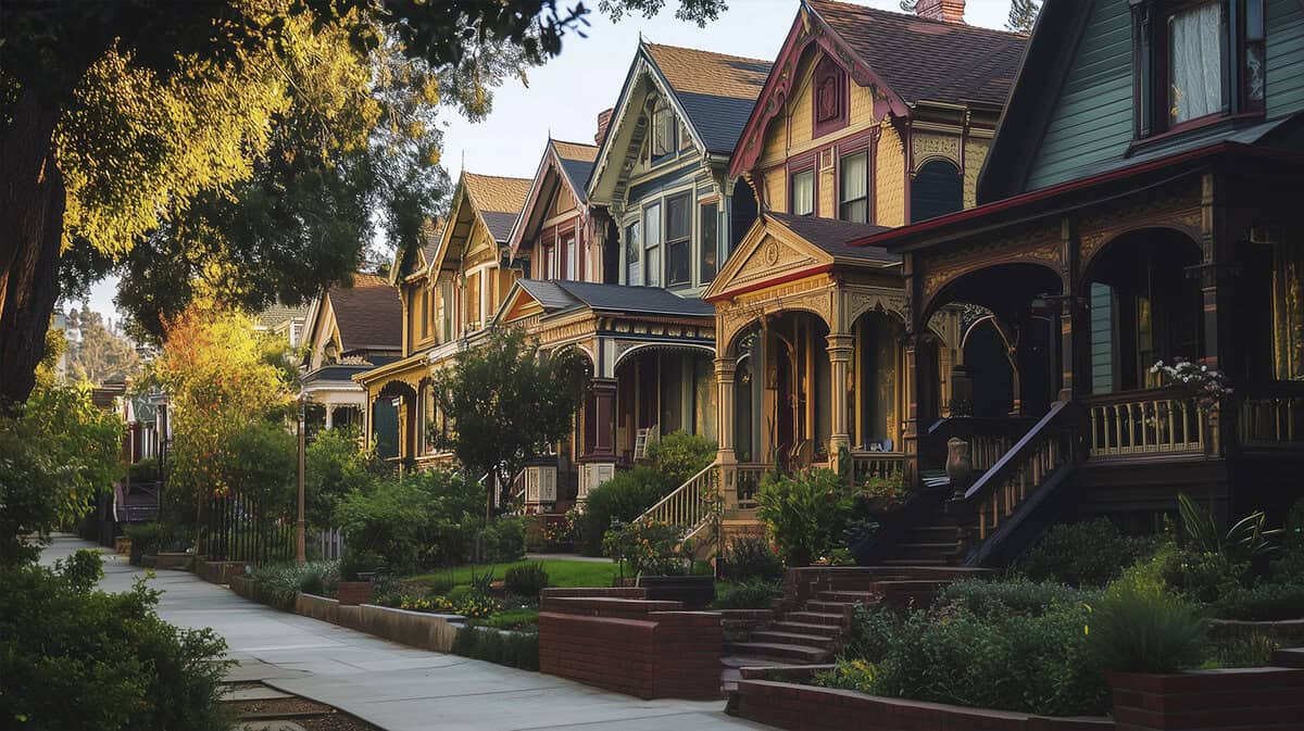 Decorative Victorian homes in LA. Photo generated by AI.