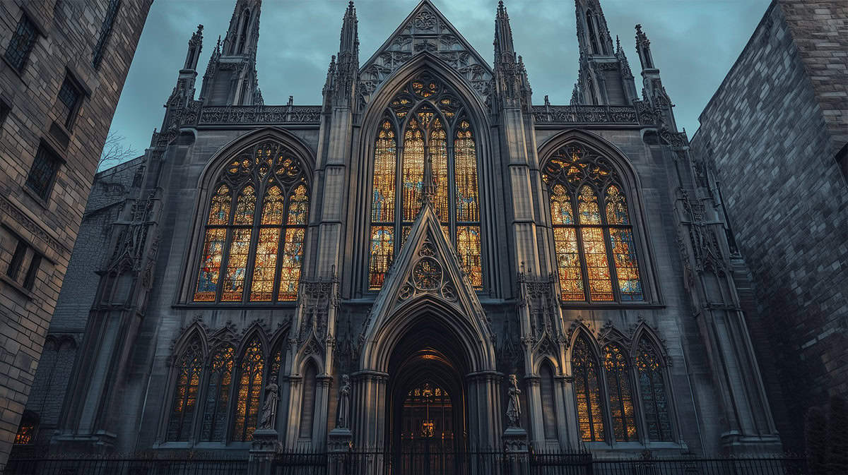 Gothic exteriors include pointed arches, flying buttresses, and elaborate stained glass. Generated by AI.