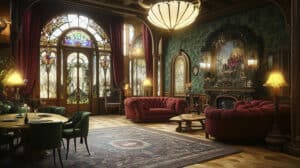 Art Nouveau interior with flowing lines and floral patterns Photo generated by AI.