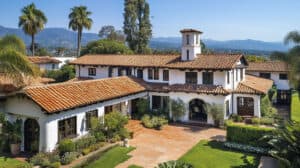 Santa Barbara architecture showcases red tile roofs and white stucco walls with arched windows Photo generated by AI.