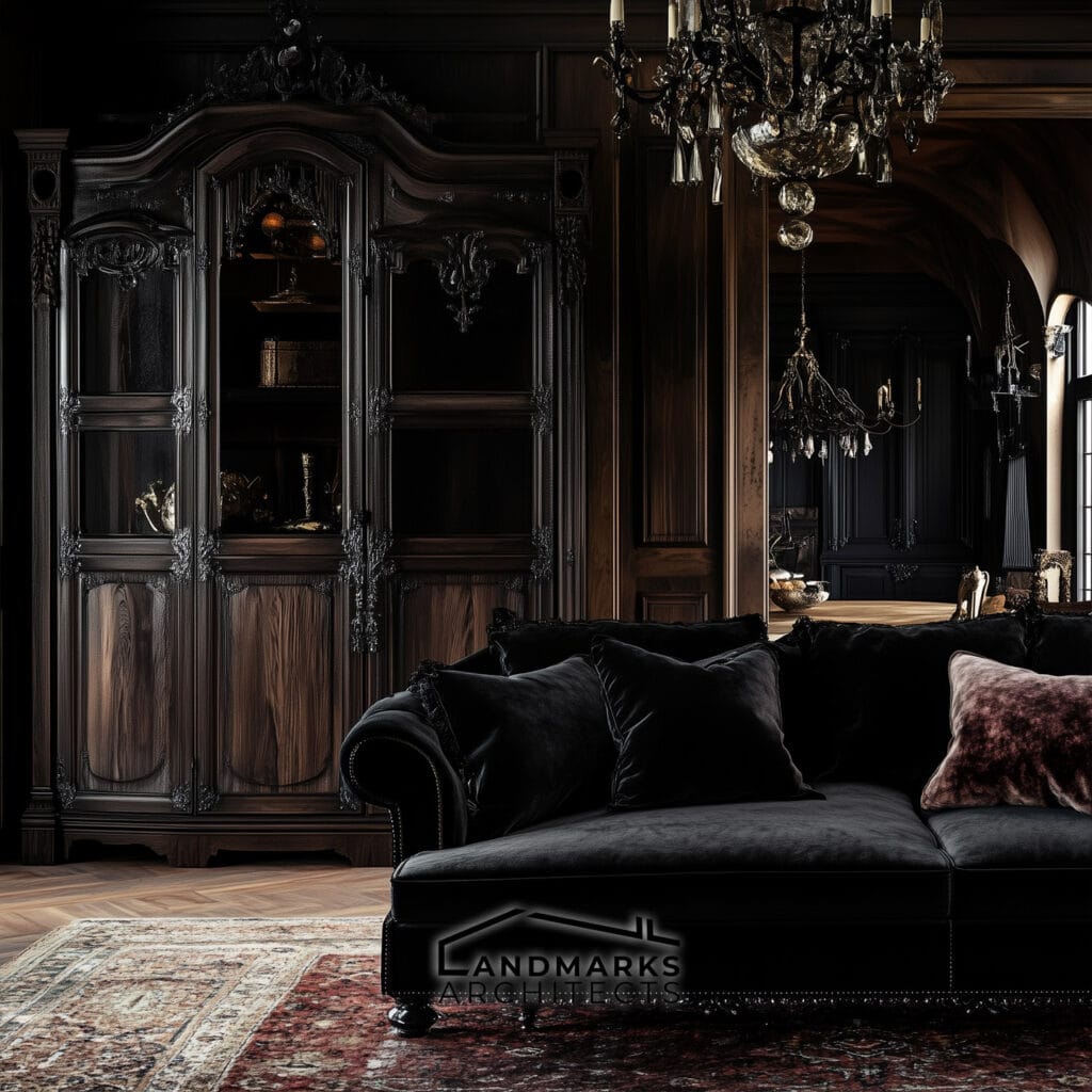 Modern Gothic Furniture: Dark Wood, Velvet Sofas, Vintage Armoires. Photo generated by AI