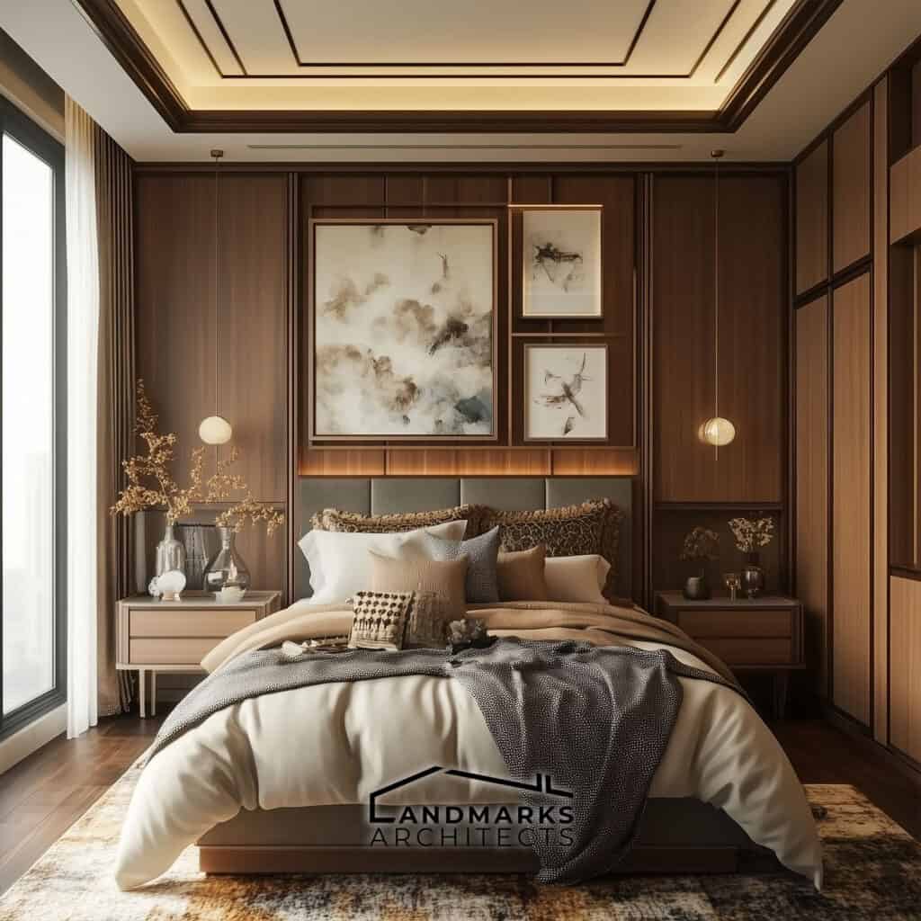 AI-generated luxury bedroom with a gallery wall above the bed.