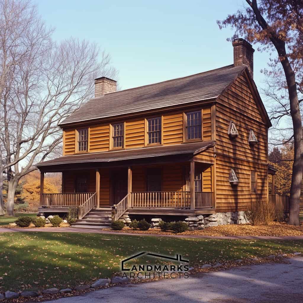 Garrison-style home showcasing unique overhang design. Photo generated by AI