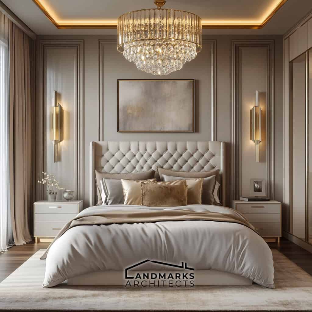 AI-generated luxury bedroom with subtle gold accents