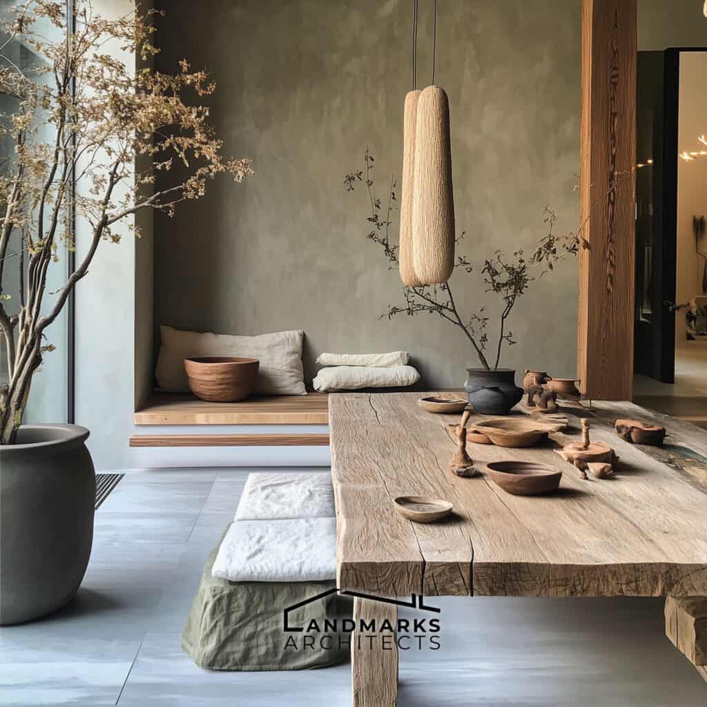 Wabi-Sabi interiors highlight simplicity, natural materials, and understated elegance. Generated by AI.