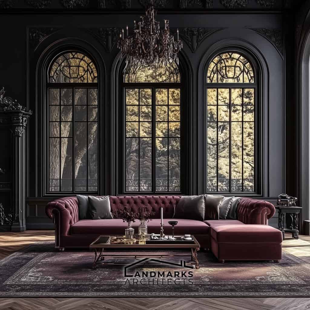 Modern Gothic Living Room with Deep Colors and Luxurious Fabrics. Photo generated by AI