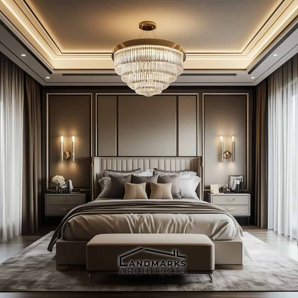 AI-generated luxury bedroom with a chandelier and natural light.