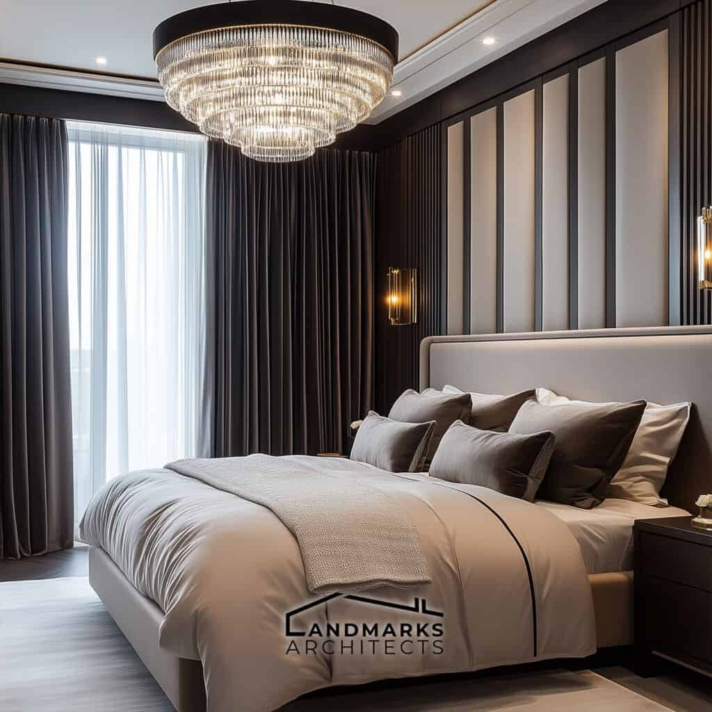 AI-generated luxury bedroom with pendant lighting and elegant window treatments.