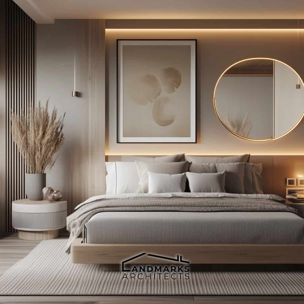 AI-generated luxury bedroom with art and chic accessories.