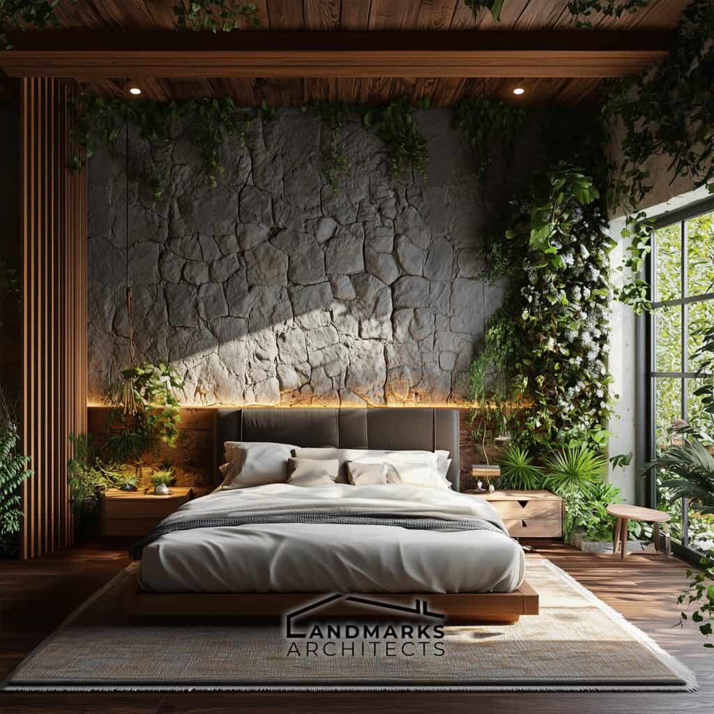 AI-generated luxury bedroom with natural elements and nature-inspired decor.