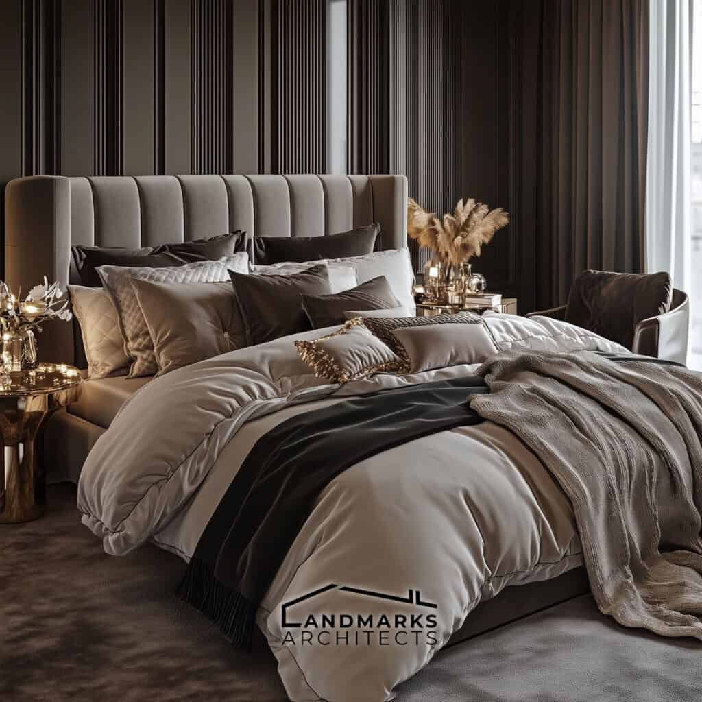 AI-generated luxury bedroom with high-quality silk sheets and velvet throws.