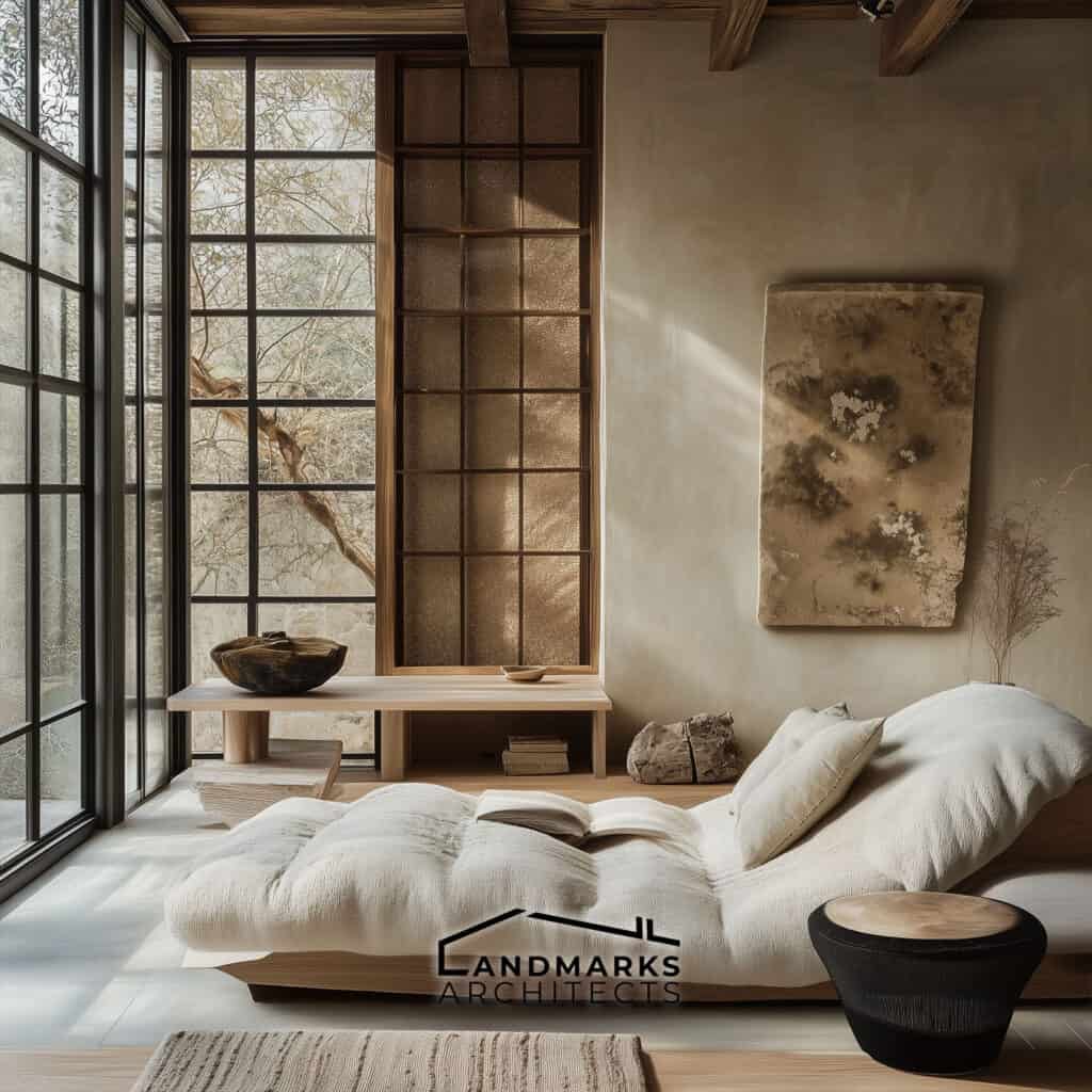 AI-Generated Wabi-Sabi Living Room Embracing Natural Light and Simplicity