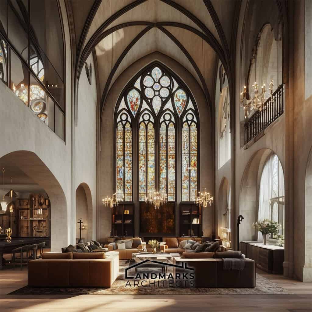 Modern Gothic Interior Design Highlighting Gothic Architecture Elements. Photo generated by AI