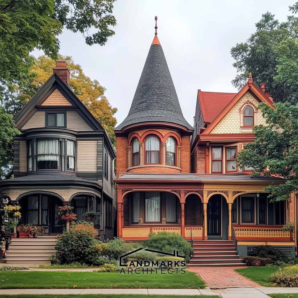 Victorian architecture styles: Queen Anne, Eastlake, and Folk Victorian. Photo generated by AI.