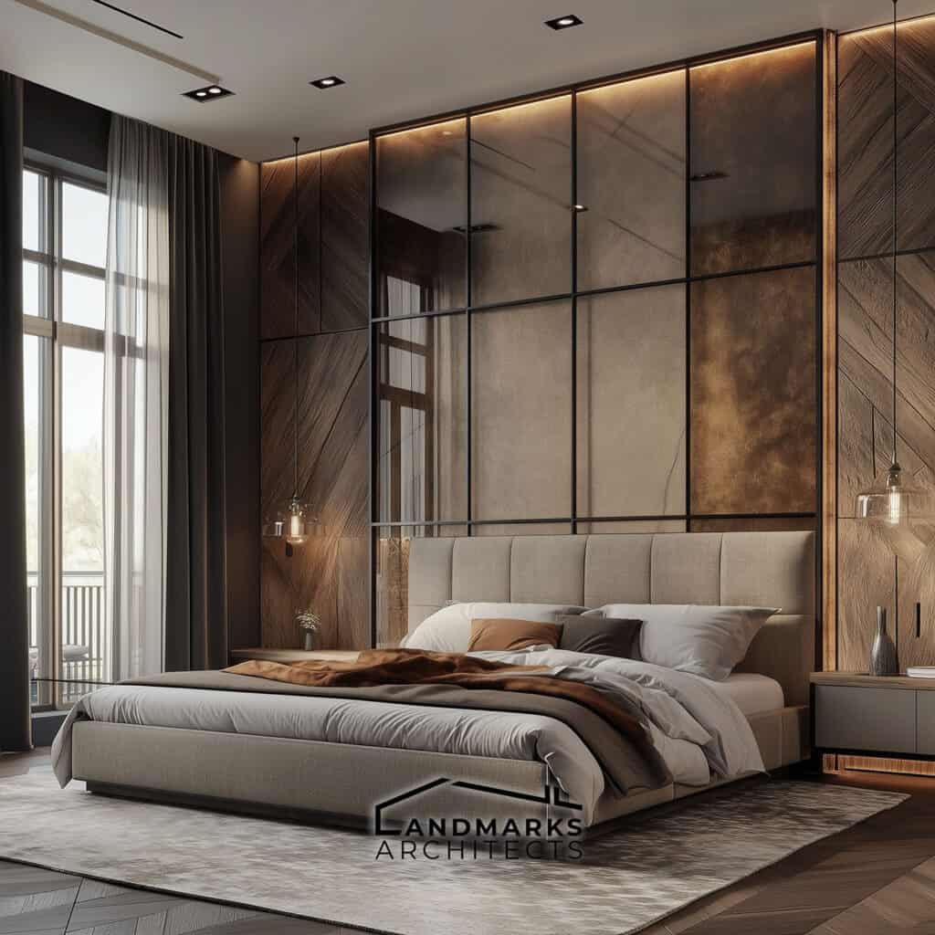 AI-generated luxury bedroom with refined wood, metal, and glass accents.