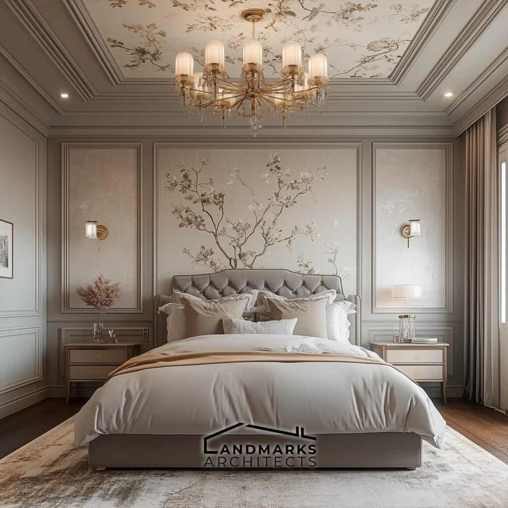 AI-generated luxury bedroom with textured walls and statement ceiling light.