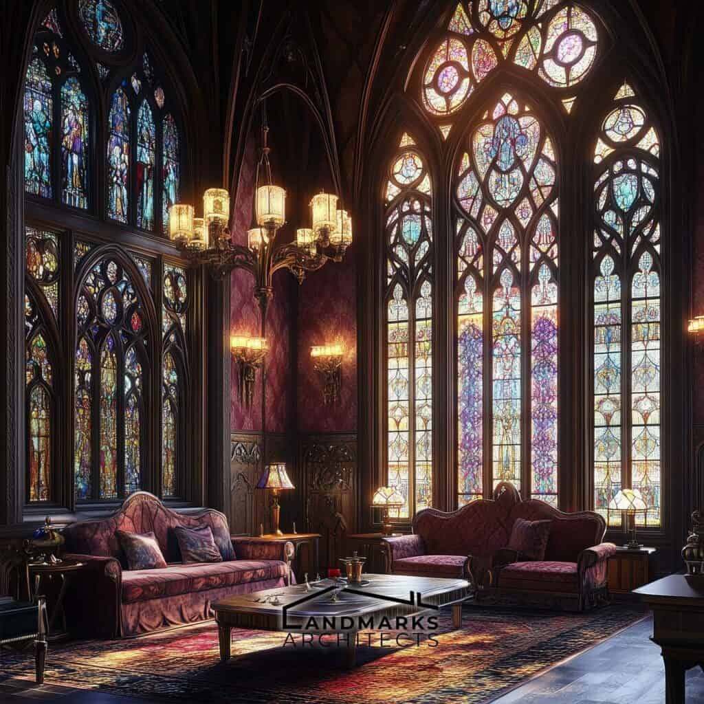 Modern Gothic Stained Glass: Intricate Patterns and Ambient Light. Photo generated by AI