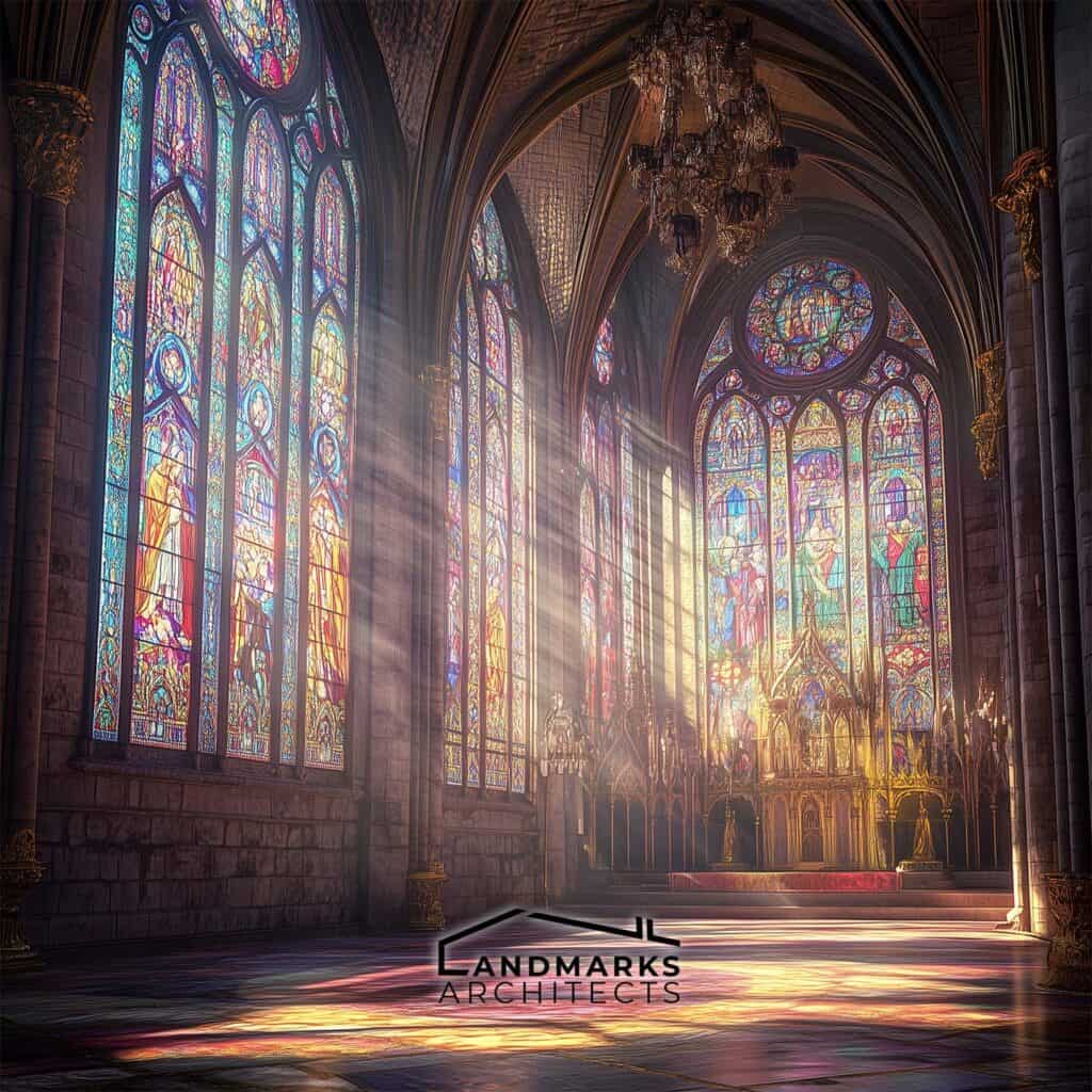 Large stained glass windows are a hallmark of Gothic architecture. Generated by AI.